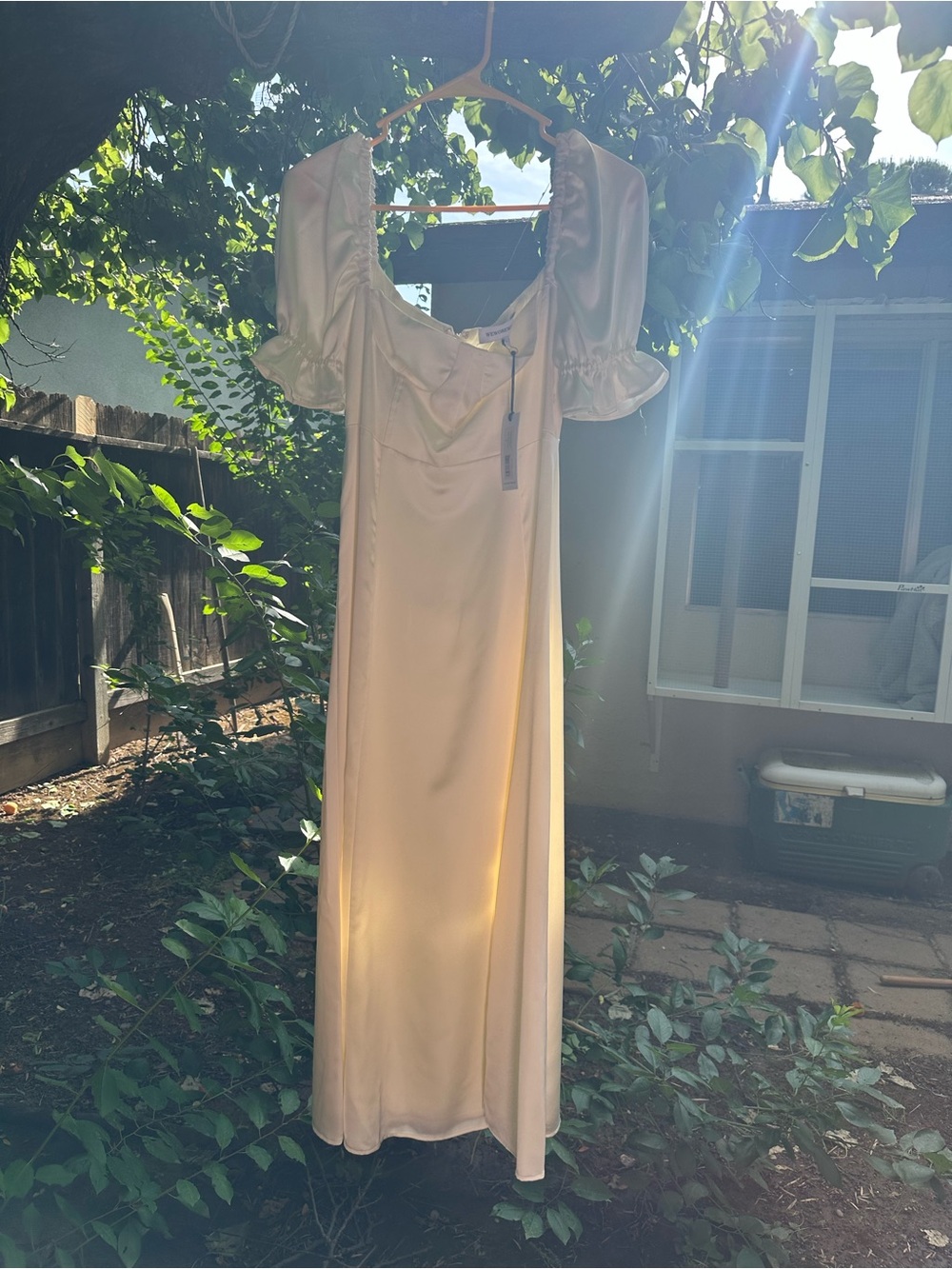 WeWoreWhat Pale Ivory Satin Dress with Puff Sleeve Detail